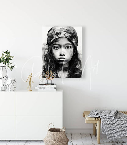 Black and white canvas print titled tabitha featuring a young girl wearing a patterned headscarf