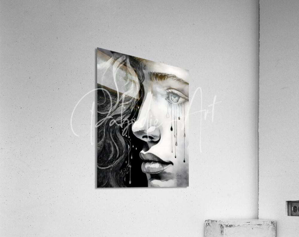 Black-and-white acrylic wall print titled a teens tears featuring a woman’s face with tear-like drips