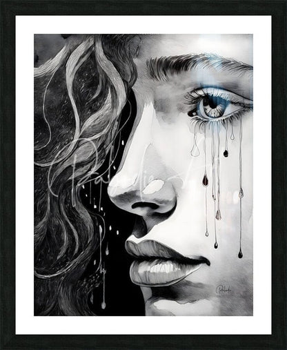 A black and white artistic portrait of a woman with one blue eye framed in black for the product a teens tears