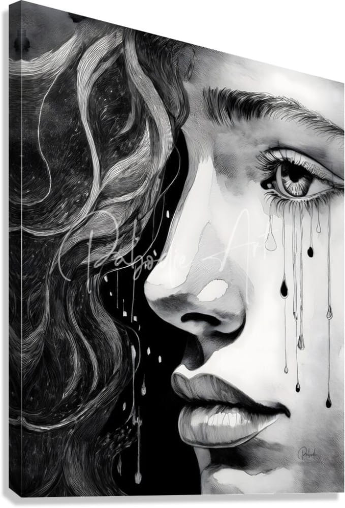 Black and white canvas print of a woman’s face with tears streaming down featuring detailed brushwork and artist markings