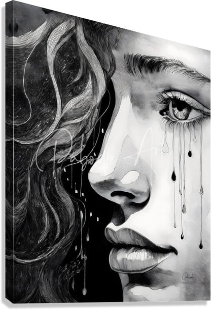 Black and white canvas print of a woman’s face with tears streaming down featuring detailed brushwork and artist markings
