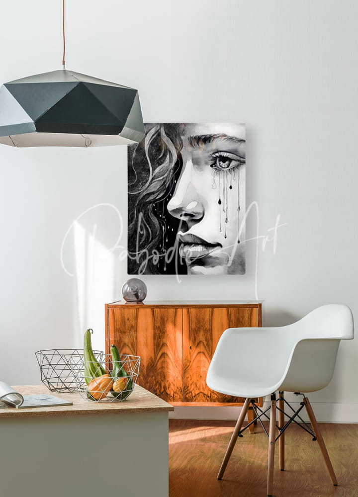 Black and white canvas portrait of a woman with tears streaming down her face mounted on the wall titled a teens tears