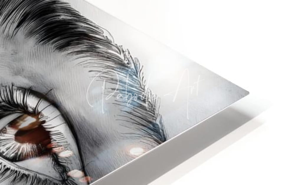 A detailed black and white illustration of a human eye with long lashes and dark hair on a white acrylic print titled a teens tears