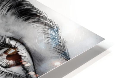 A detailed black and white illustration of a human eye with long lashes and dark hair on a white acrylic print titled a teens tears