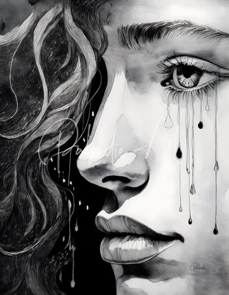 A detailed black-and-white pencil drawing of a woman’s face in profile with tears on her cheek in a teens tears product