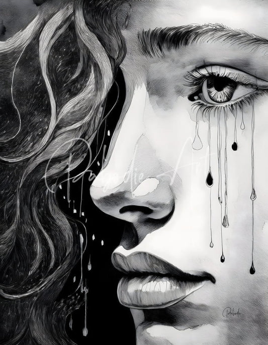 A detailed black-and-white pencil drawing of a woman’s face in profile with tears on her cheek in a teens tears product