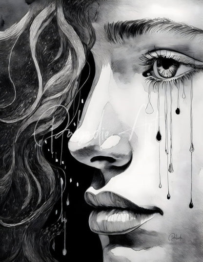 A detailed black and white pencil drawing of a woman’s face in profile with tears in the product a teens tears