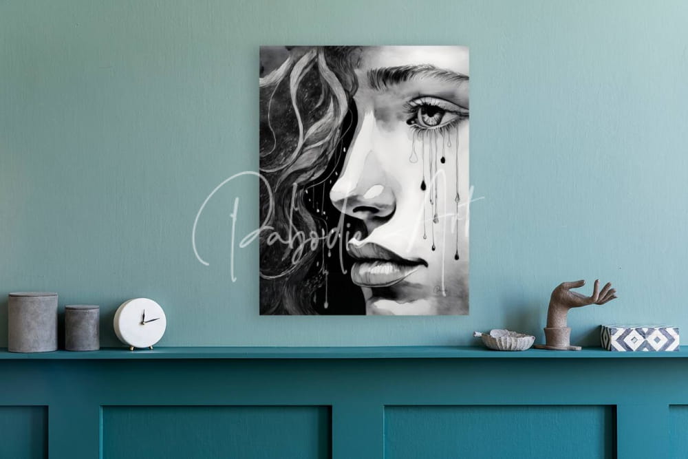 Black-and-white canvas portrait titled a teens tears showing a woman’s face with tears on a teal wall