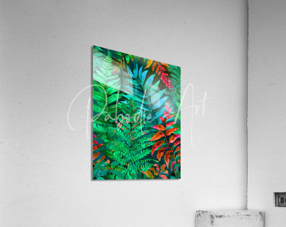 Vibrant tropical fern and leaf artwork on a glossy acrylic panel in tropical leaves i design