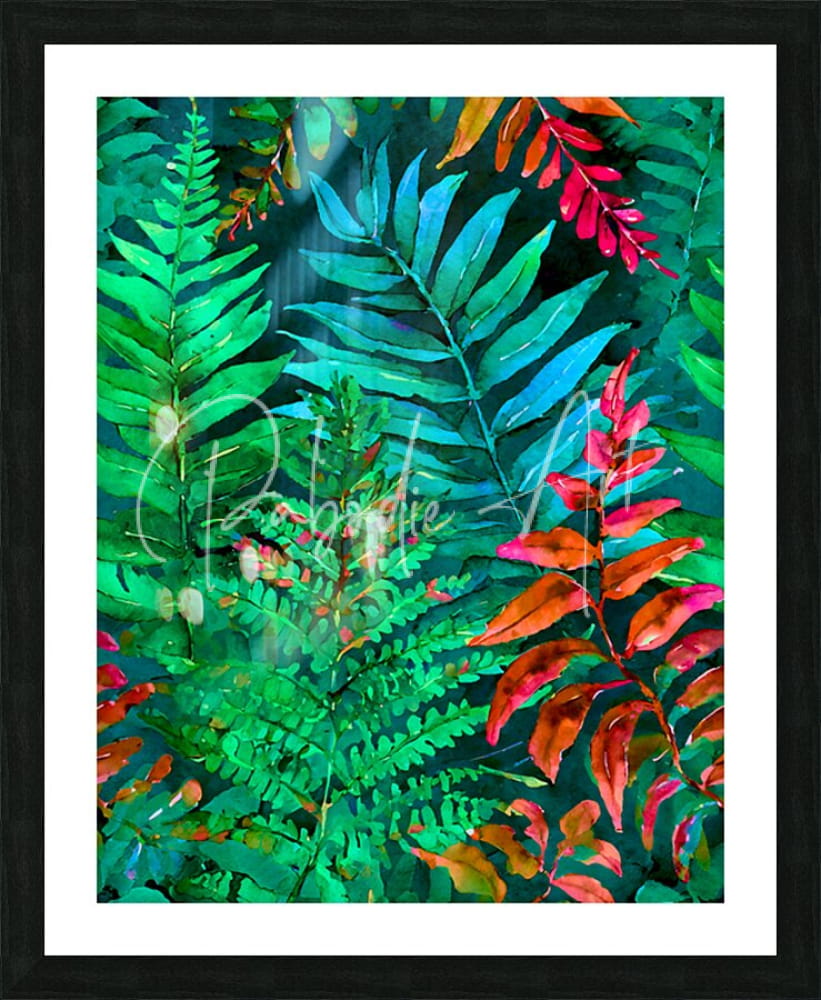 Tropical leaves i vibrant tropical fern and leaf artwork in a black frame with white mat for wall decor