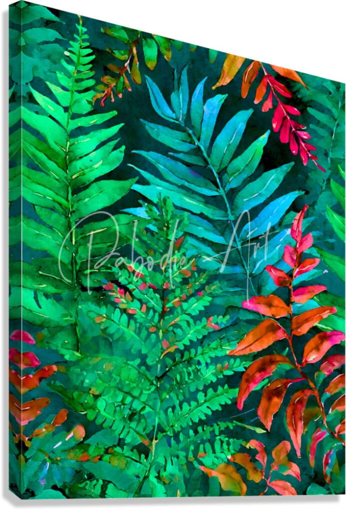 Tropical leaves i vibrant tropical fern canvas print with green teal and fiery orange red foliage on dark background