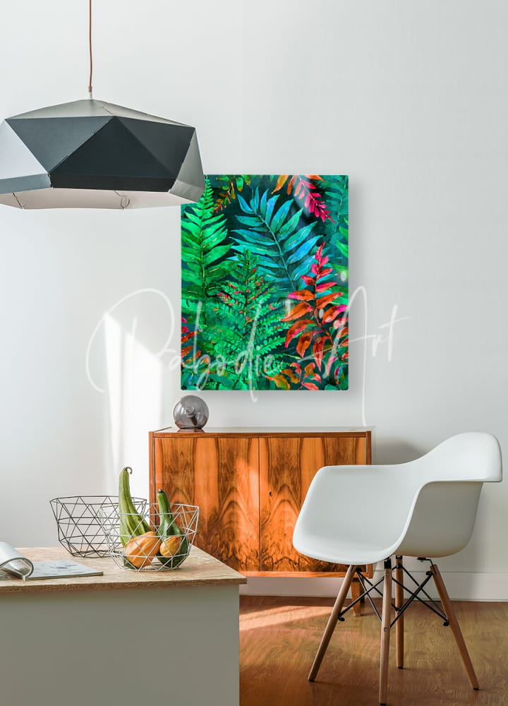 Vibrant tropical leaves i canvas print featuring lush green, teal, and fiery orange-red foliage for wall decor