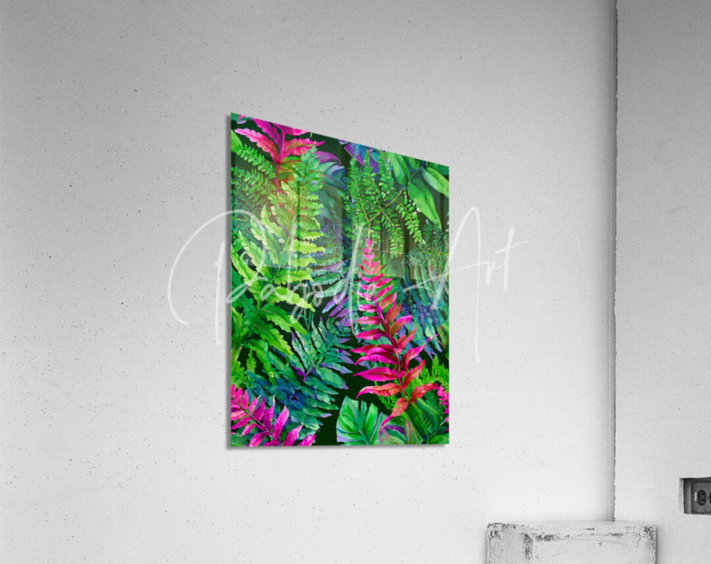Vibrant tropical fern artwork with bold pink magenta and emerald green foliage on glossy acrylic print tropical leaves II