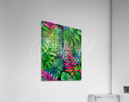 Vibrant tropical fern artwork with bold pink magenta and emerald green foliage on glossy acrylic print tropical leaves II