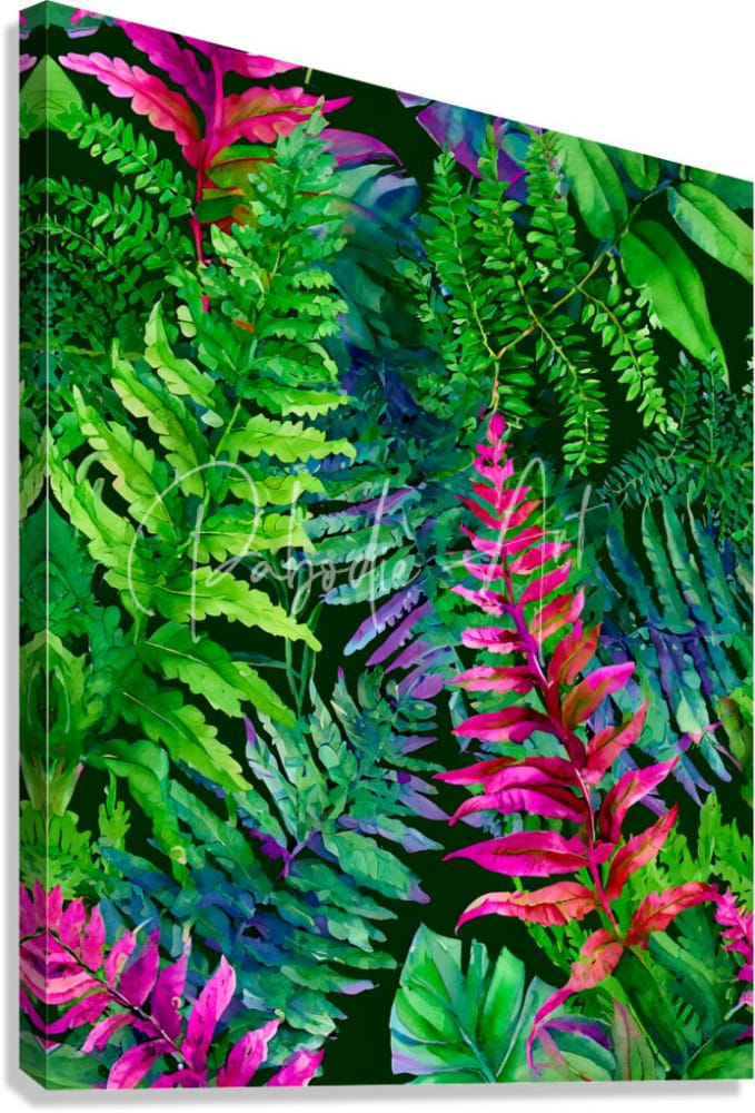 Tropical leaves II vibrant tropical fern canvas print with lush green and magenta foliage on black background