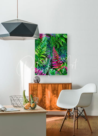 Vibrant tropical leaves ii canvas print with lush green and magenta fern foliage in a modern minimalist interior