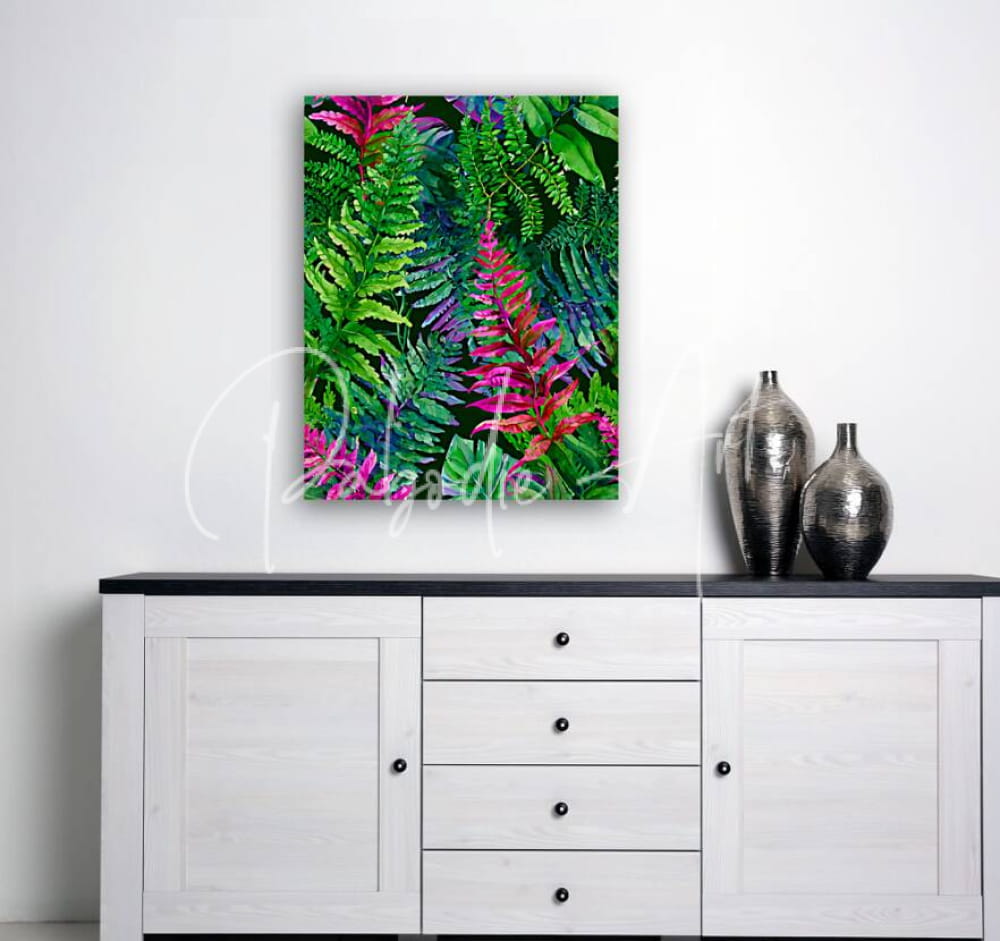 Tropical leaves ii vibrant tropical fern canvas print with lush green and magenta foliage on dark background