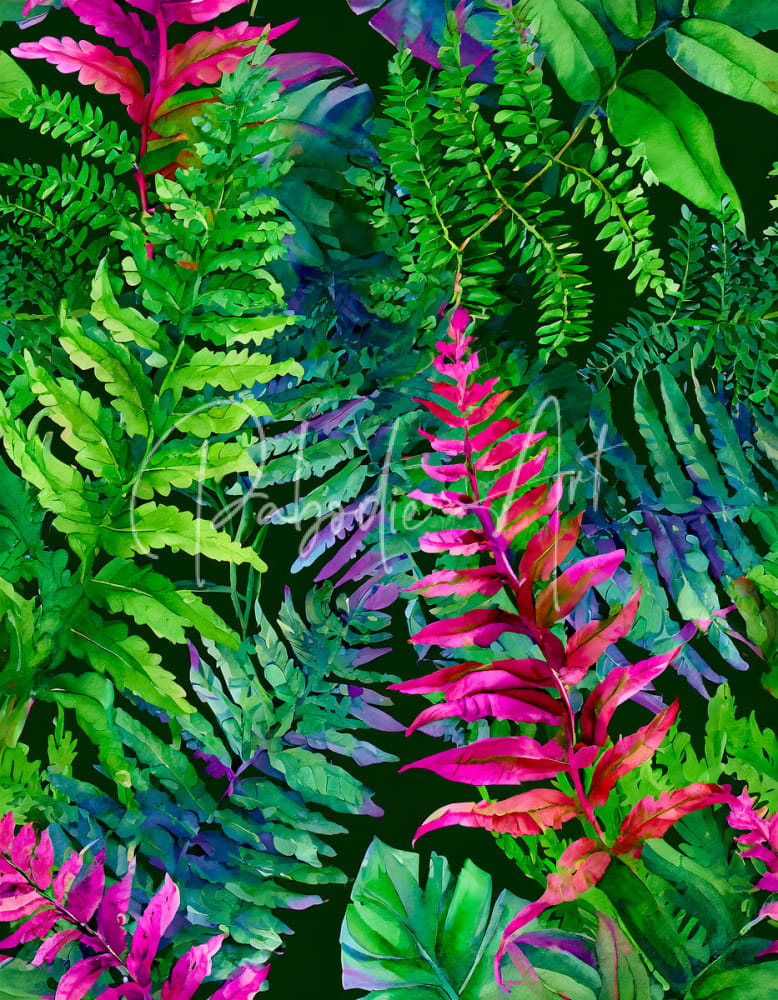 Tropical leaves II fabric featuring vibrant tropical fern design with bold pink and green foliage on dark background