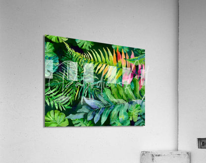 Tropical Leaves III acrylic art panel with vibrant tropical leaf print featuring lush greens fiery oranges and soft pinks