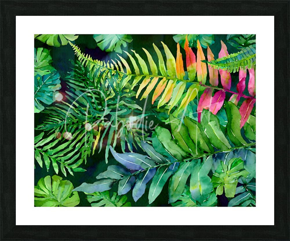 Vibrant tropical leaves iii watercolor print with green pink orange and blue ferns in black frame with white matting