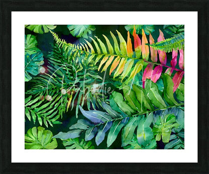 Vibrant tropical leaves iii watercolor print with green pink orange and blue ferns in black frame with white matting