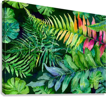 Vibrant watercolor canvas print tropical leaves iii featuring lush tropical ferns in green yellow orange pink and purple