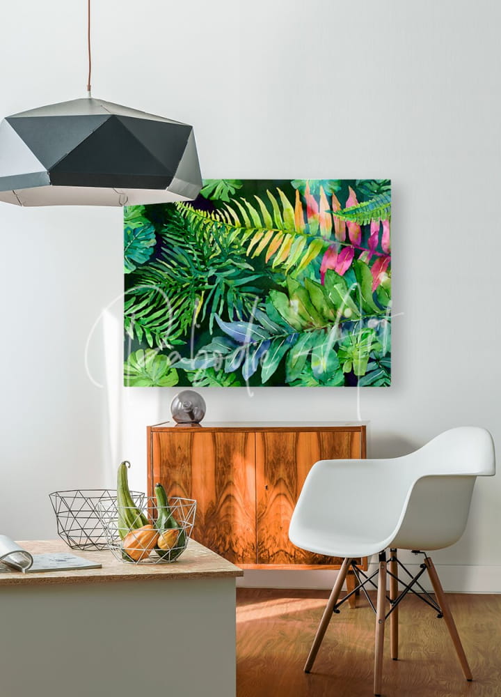 Vibrant tropical leaves iii canvas print featuring lush green yellow and pink tropical fern foliage design
