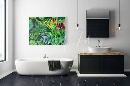 Tropical leaves iii canvas art featuring vibrant tropical fern and leaf design in bold greens pinks and yellows above bathtub