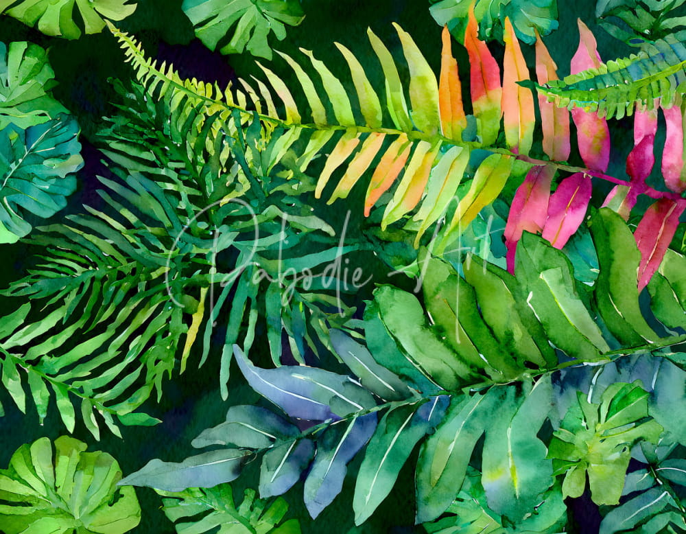 Tropical leaves iii vibrant watercolor fern leaves in green yellow and pink on paper for decorative art use