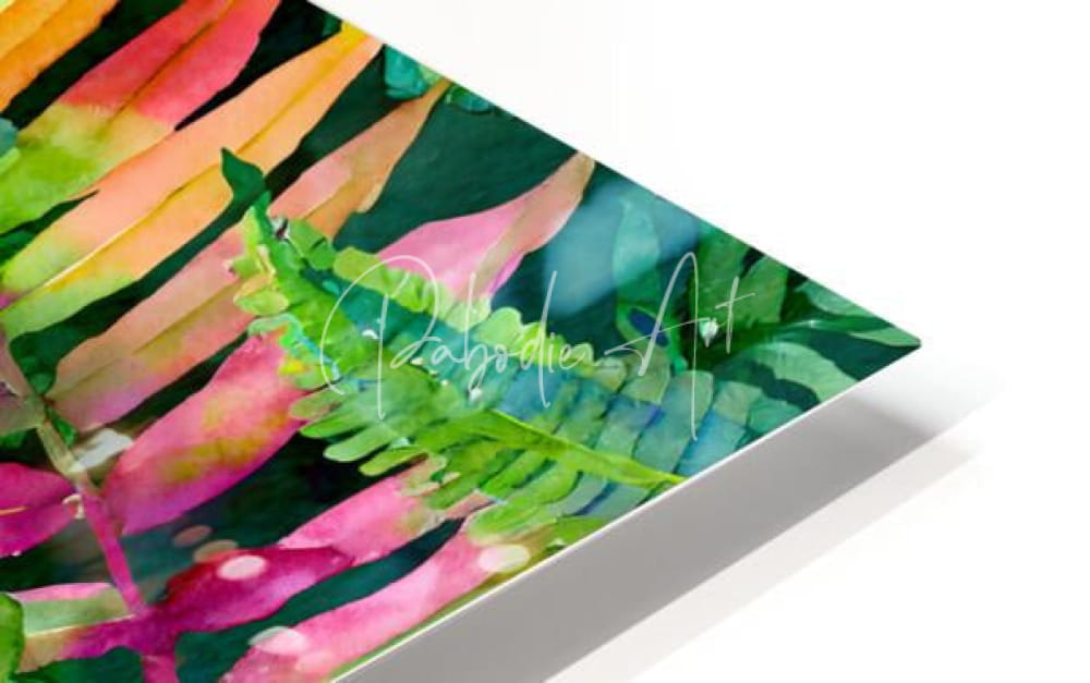 Vibrant watercolor print of tropical ferns with pink orange stripes on a glossy acrylic panel titled tropical leaves iii