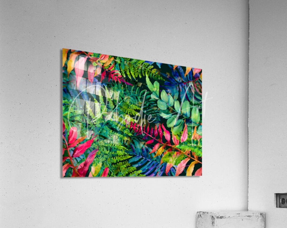Vibrant tropical leaves iv acrylic art panel with bold green pink and blue foliage on a glossy acrylic surface