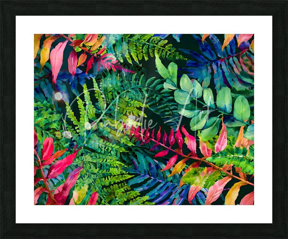 Vibrant tropical leaves iv watercolor print featuring bold greens pinks blues and oranges in black frame with white matting