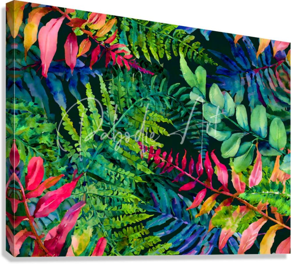 Vibrant watercolor canvas print tropical leaves iv with lush ferns and bold greens pinks reds and blues on dark background