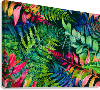 Vibrant watercolor canvas print tropical leaves iv with lush ferns and bold greens pinks reds and blues on dark background