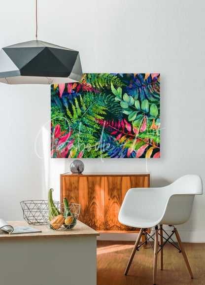 Vibrant multicolored tropical leaves iv fern artwork in a modern metal frame for wall decor