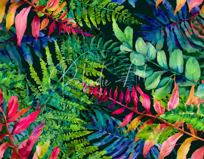 Tropical leaves iv featuring vibrant watercolor fern leaves in green pink and blue on a dark background