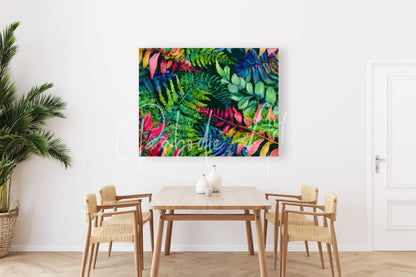 Vibrant tropical leaves iv canvas art with green and blue leaf print in modern dining room setting