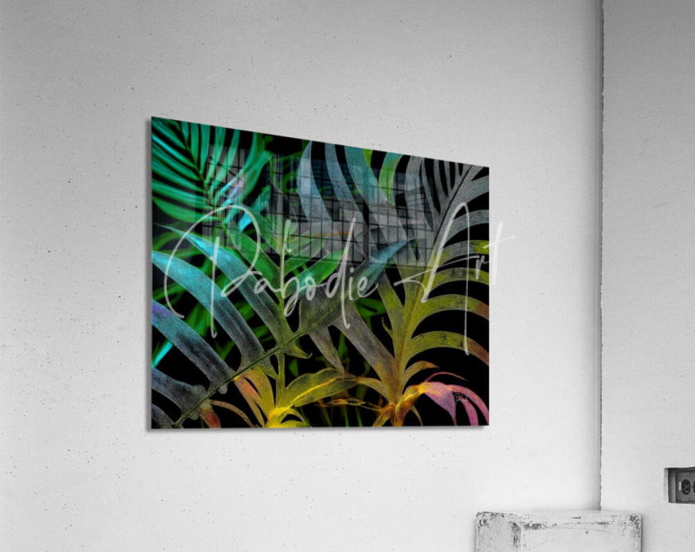 Vibrant tropical leaves artwork in green and blue on sleek acrylic panel titled tropical leaves at night