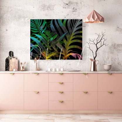 Vibrant tropical leaves at night artwork featuring bold green blue and yellow leaves on a black background