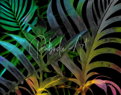 Vibrant tropical leaves at night featuring iridescent teal to magenta fern leaves with intricate vein patterns on black background