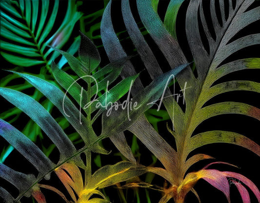 Vibrant tropical leaves at night featuring iridescent teal to magenta fern leaves with intricate vein patterns on black background