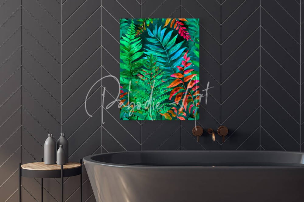Tropical leaves i vibrant tropical leaf artwork in rectangular frame with lush green red and orange foliage colors