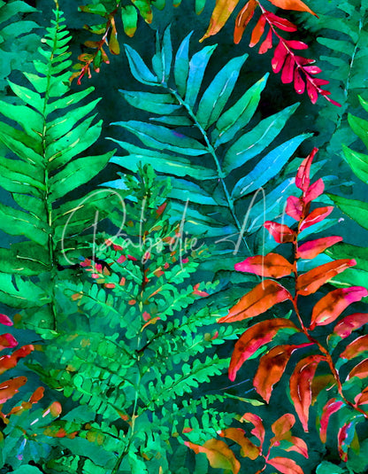 Vibrant tropical leaves i watercolor painting of ferns and foliage in rich greens oranges and pinks