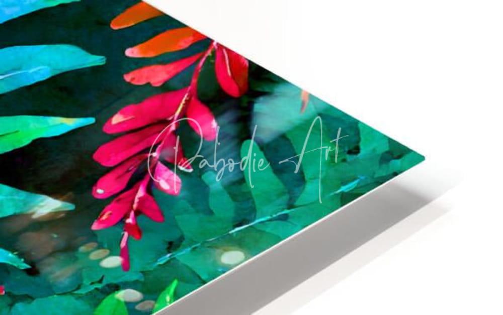 Vibrant tropical leaves artwork featuring colorful foliage on a sleek white floating frame titled tropical leaves i