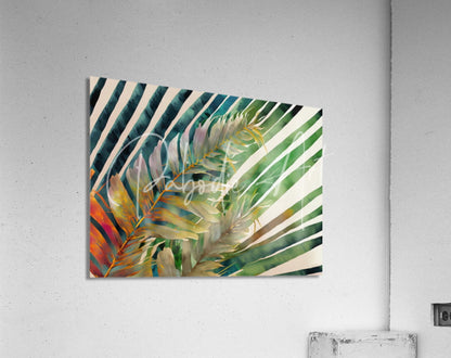 A vibrant watercolor painting titled Tropical Palms I featuring green yellow and orange tropical palm fronds on a white wall