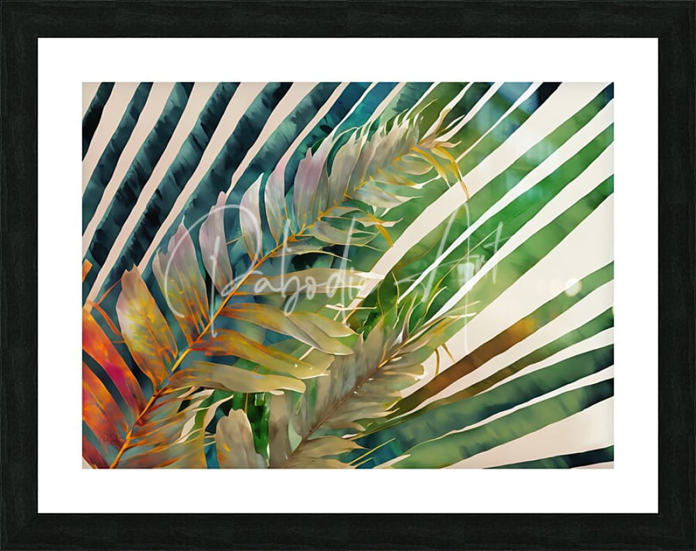 Framed watercolor artwork tropical palms i featuring vibrant green gold and soft pink palm fronds on striped background