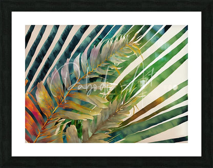 Framed watercolor artwork tropical palms i featuring vibrant green gold and soft pink palm fronds on striped background