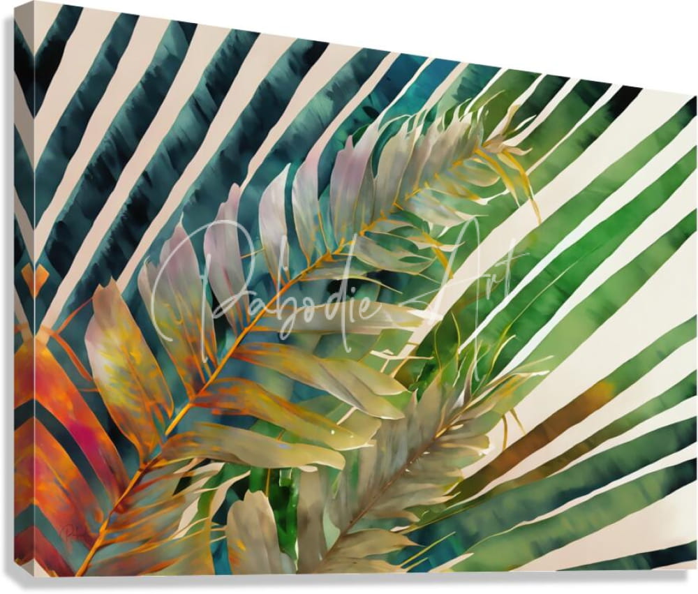 Tropical palms i vibrant canvas print of lush green and gold ferns with teal cream and orange striped background