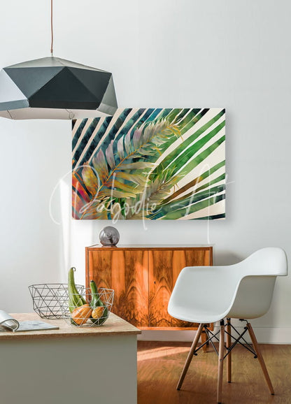 A vibrant watercolor painting titled tropical palms i featuring tropical palm fronds in green yellow and brown hues