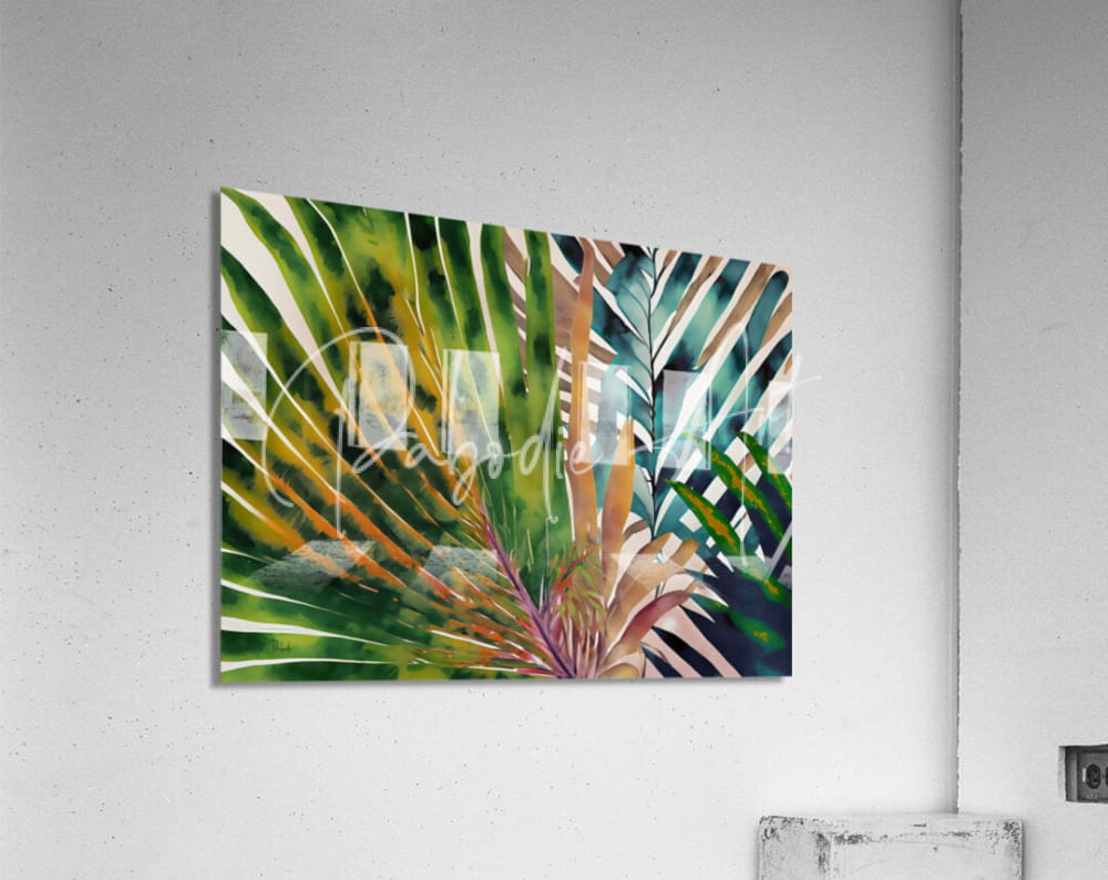 Vibrant tropical palms artwork with green and orange leaves on a glossy acrylic panel for wall decor